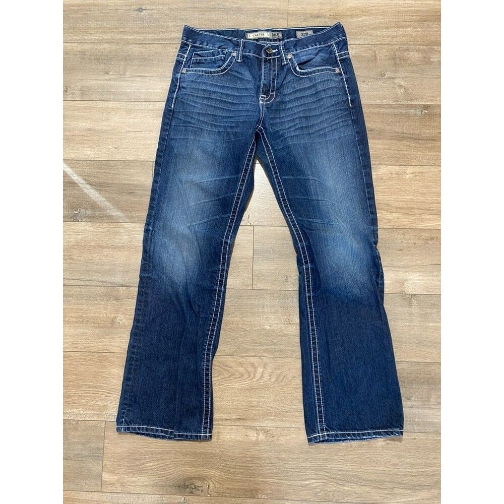 BKE Buckle Carter Mens 32R 32X32 Thick Stitch Blue Denim Jeans Whiskers Stretch